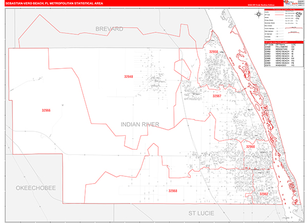 Sebastian-Vero Beach Metro Area Wall Map Red Line Style